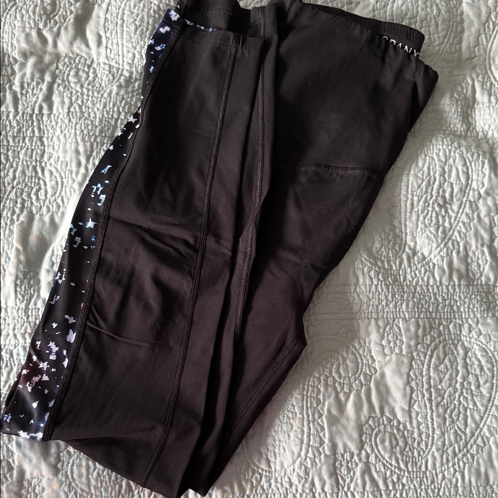 SPANX Black Leggings with Blue and White Accents